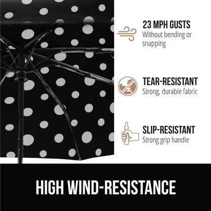 GORILLA GRIP Strong Stick Umbrella for Rain, Compact Travel One-Click Automatic Open Close, Lightweight, Portable, US Designed Reinforced Fiberglass Ribs, Wind Resistant, Easy Collapse, Polka Dots