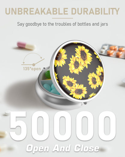 Pill Box, 3 Compartment Portable Travel Medicine Box with Mirror, Compact and Cute, Fits in Purse and Pocket, Medicine and Vitamin Organizer (Sunflowers)