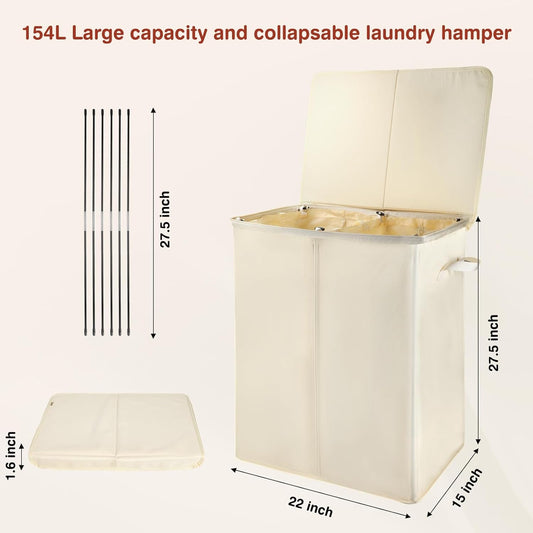 Voova 154L Double Laundry Hamper with Lid and 2 Removable Laundry Bags, Large Collapsible 2 Dividers Dirty Clothes Basket with Handles for Laundry Room, Bedroom, Bathroom, College Dorm, Beige