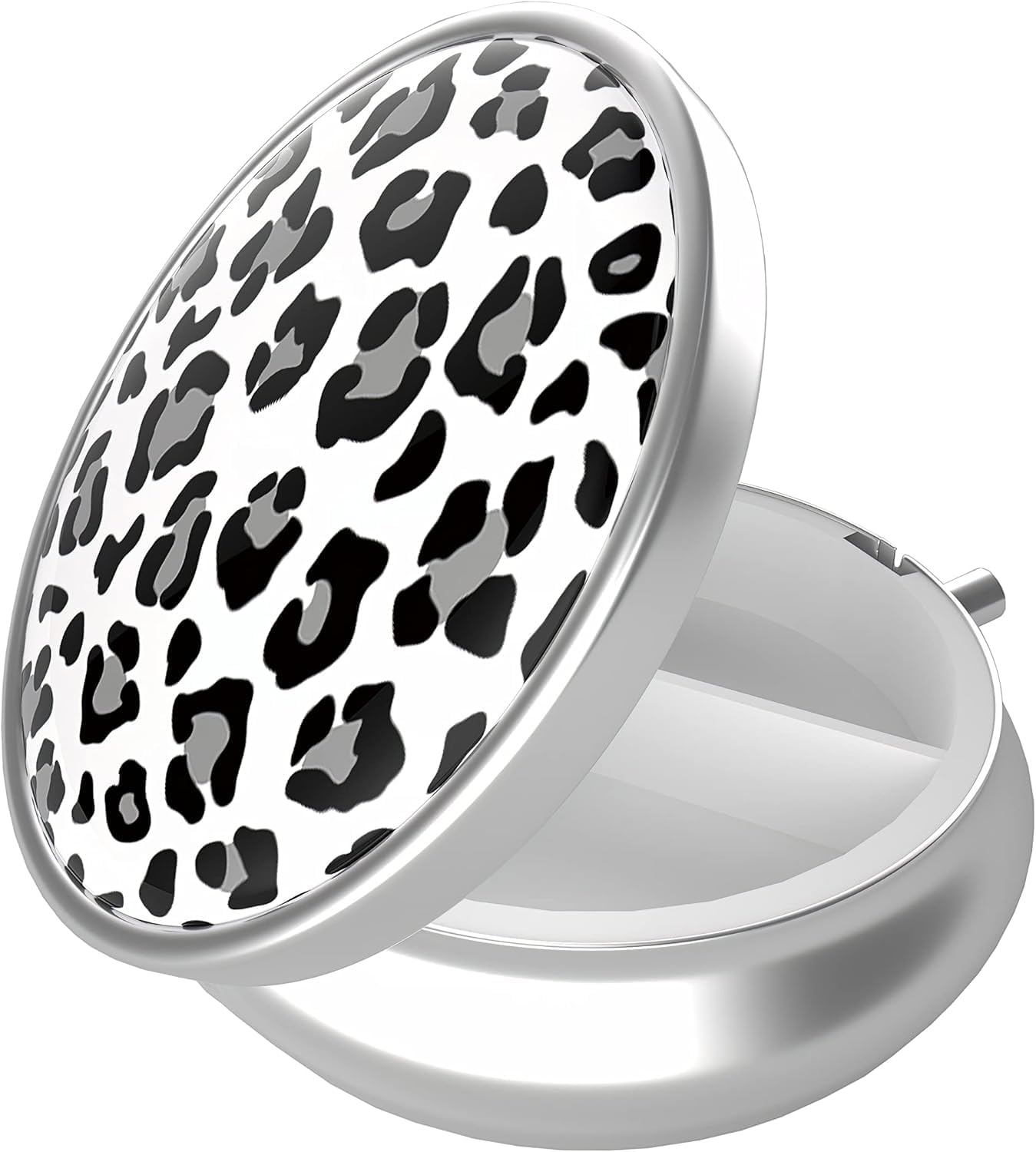 Pill Box, 3 Compartment Portable Travel Medicine Box with Mirror, Compact and Cute, Fits in Purse and Pocket, Medicine and Vitamin Organizer (Snow Leopard)