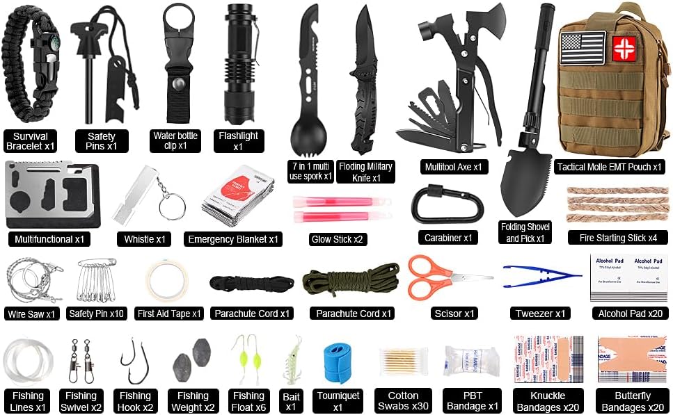 Emergency Survival Kit and First Aid Kit, 142Pcs Professional Survival Gear and Supplies Equipment with Molle Pouch, Gift for Christmas Men Dad Husband Camping Hiking Hunting Outdoor Adventure