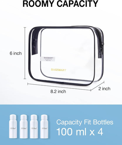 BAGSMART Clear Toiletry Bag, 3 Packs TSA Approved Water Resistant Quart Size Travel Organizer, Airport Airline Travel Essential Carry On Makeup Cosmetic Bags for Women, White