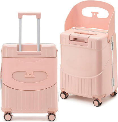 20-Inch Ride-On Suitcase for Kids & Adults – TSA-Approved Underseat Carry-On Luggage with 360° Wheels, Built-In Seat & Safety Belt – Lightweight Durable Spinner Suitcase for Airplane Travel Fits Ages