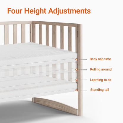 EvoNook 6-in-1 Convertible Mini Crib, 100% New Zealand Wood, 4 Adjustable Mattress Heights, Crib with Mattress, Washed Natural