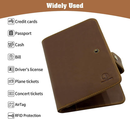 Jack&Chris Genuine Leather Handmade Passport Holder For Travel, RFID Blocking Passport Holder with Card Slots, Travel Essentials wallet with Pen Holder for Women and Men for Gifting, Brown