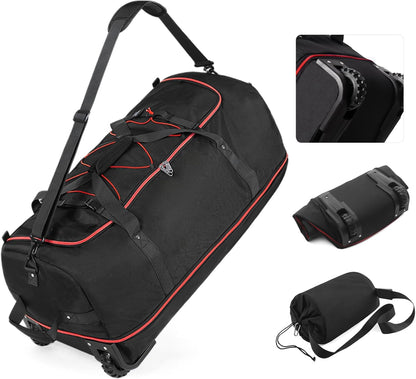 Vomgomfom 32" Soft-Sided Foldable Wheeled Travel Duffel Bag,Expandable 110L to 140L Rolling Cargo Bag with 2 Wheels and Multiple Pockets,Black-red