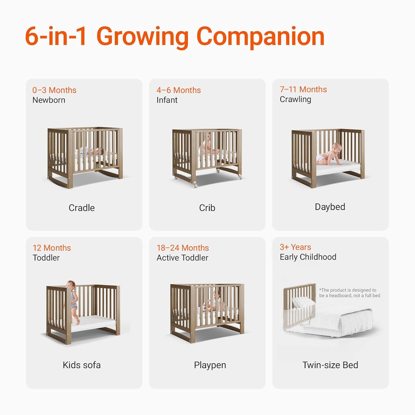 EvoNest Baby Crib, 6 in 1 Convertible Mini Crib with Wheels, 100% New Zealand Wood Growing Bed, 4 Adjustable Mattress Height，Walnut Brown