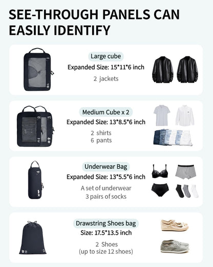 ECOHUB 5 Set Compression Packing Cubes for Suitcases Organiser Bags Set Travel Essentials with Shoe Bags for Travel Tear-resistant Travel Accessories with ID Tag Expandable Packing Bags(Navy Blue)