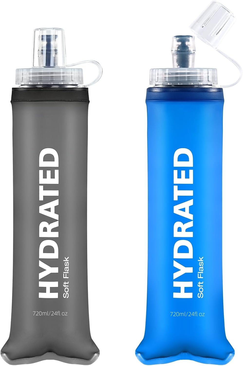 24oz Collapsible Soft Water Bottle, BPA-Free, Soft Flask with Bite Valve, for Climbing, Running, Hiking, Marathon (Bule & Grey, 2Pack)