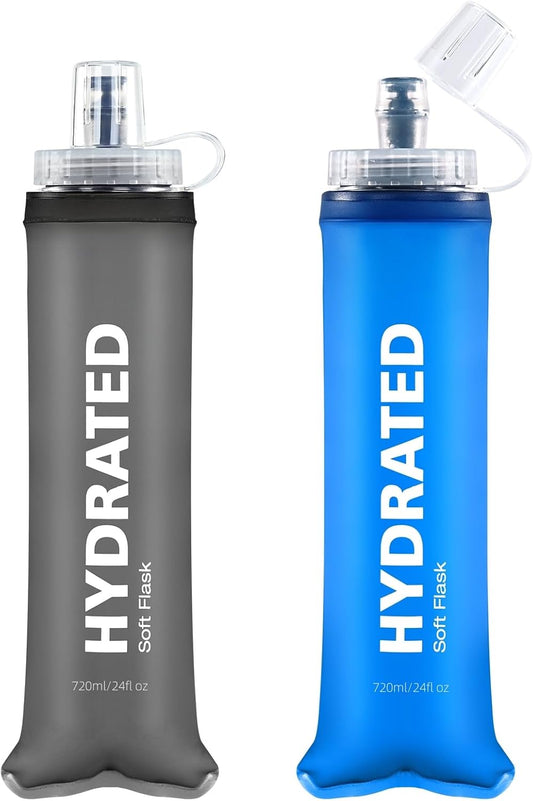 24oz Collapsible Soft Water Bottle, BPA-Free, Soft Flask with Bite Valve, for Climbing, Running, Hiking, Marathon (Bule & Grey, 2Pack)