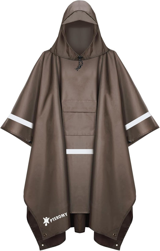 PTEROMY Hooded Rain Poncho for Adult with Pocket, Waterproof Lightweight Unisex Raincoat for Hiking Camping Emergency