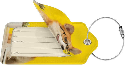 2 Pcs Yellow Luggage Tags for Suitcases Cute Dog with Glasses Pattern Leather Backpack Tag with Stainless Steel Loop Privacy Cover ID Label Travel Bag Tags Luggage Identifiers for Adults Kids Travel