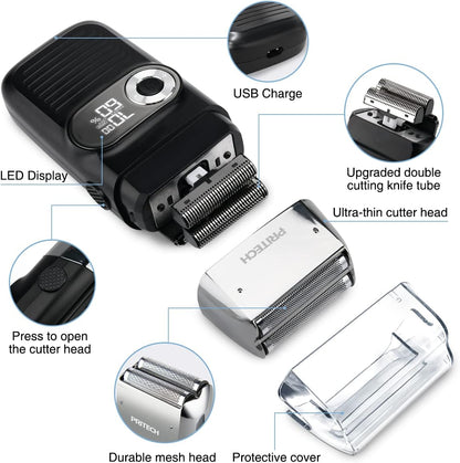 PRITECH Foil and Bald Shavers 2 in 1 Electric Shaver for Men Foil Blade and PopupTrimmer with Rechargeable 3 Adjustable Speeds Men's Shaver (Black Silver)