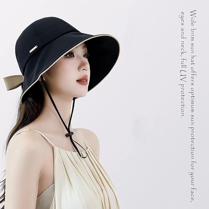 Wide Brim Hats for Woman Foldable Hats Sun Hats for Women uv Protection Bowknot Bucket hat Adjustable hat with Ponytail Hole