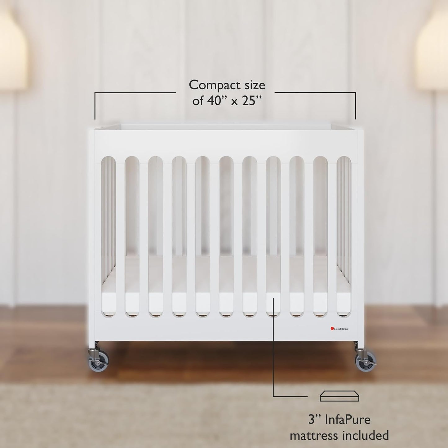 Foundations Boutique Folding Mini Baby Crib - Compact, Portable, Wooden Hotel Crib, Foldable Mini Crib for Baby & Toddlers - Includes 3" Foam Mattress, White