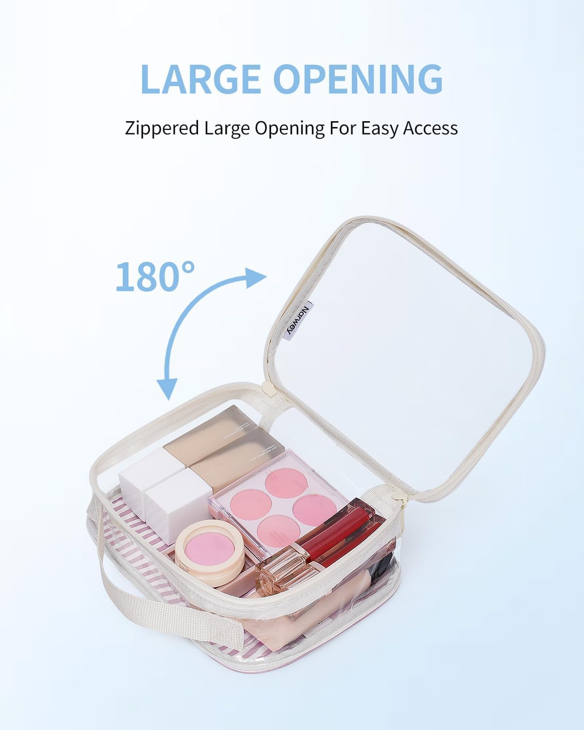 Narwey TSA Approved Clear Toiletry Bag for Travel, Waterproof PVC Clear Makeup Bags, Portable Compact Cosmetic Bag Make Up Organizer, Airport Airline Quart Size Compliant Bag (Dusty Pink Stripe)
