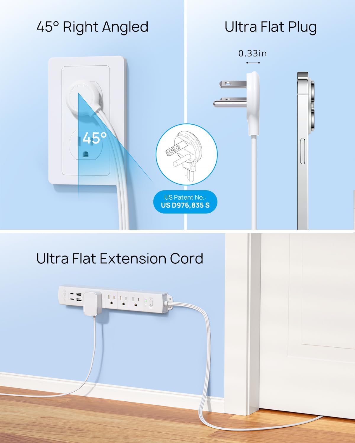 TROND Flat Plug Power Strip USB-5ft Flat Extension Cord Surge Protector Wall Mount, 2 Type C & 2 USB A Ports with Multiple Outlets, 1440J, 1625W for Office Supplies Dorm Room Essentials, White