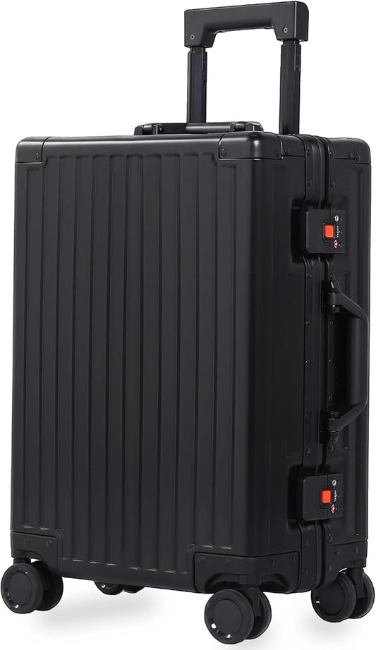 All Aluminum 24 Inch Check In Luggage Hard Shell Suitcases with Spinner Wheels and TSA Lock, Large Zipperless Luggage for Travel, Black