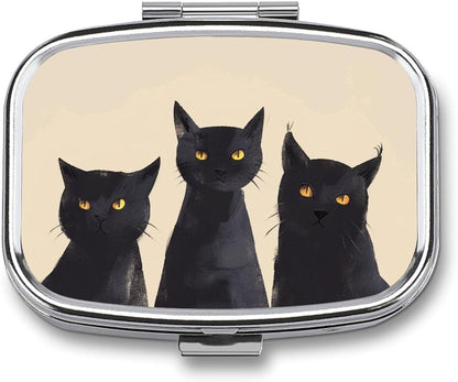 Metal 2 Compartment Pill Organizer Travel Friendly Portable Compact Pill Box Cute Pill Case to Hold Vitamins,Fish Oil,Supplements,Meds,Tablet for Purse,Pocket. (Three Cats)