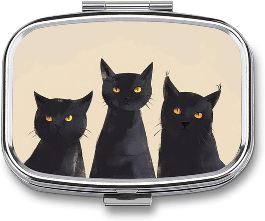 Metal 2 Compartment Pill Organizer Travel Friendly Portable Compact Pill Box Cute Pill Case to Hold Vitamins,Fish Oil,Supplements,Meds,Tablet for Purse,Pocket. (Three Cats)