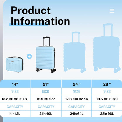 AnyZip 21" Carry On Luggage and 14" Mini Cosmetic Cases Luggage Set Hardside PC ABS Lightweight USB Suitcase with Wheels TSA for kids (2-Piece Set (14/21),Light blue)
