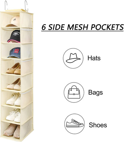Hanging Shoe Organizer for Closet with Side Mesh Pockets，Hat Racks for Baseball Caps，Shoe and Hat Holder & Storage，8-Shelf，Beige，1 Pack