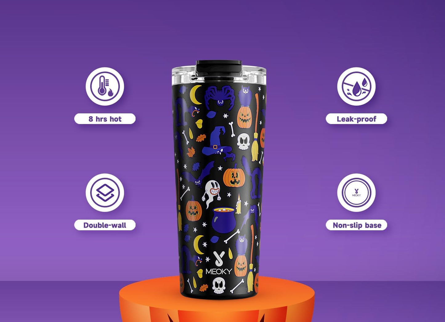 Meoky 24 oz Halloween Travel Coffee Mug with Leak-proof Lid, Glow in the Dark Stainless Steel Insulated Coffee Tumbler, Keeps Hot for 8 Hours, Fits in Car Cup Holder(Haunted Pumpkin)