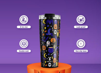 Meoky 24 oz Halloween Travel Coffee Mug with Leak-proof Lid, Glow in the Dark Stainless Steel Insulated Coffee Tumbler, Keeps Hot for 8 Hours, Fits in Car Cup Holder(Haunted Pumpkin)