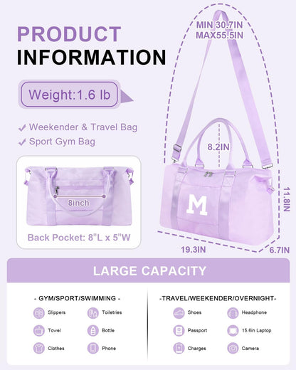 Daughter Niece Gifts for Teen Girl Kids, Initial Travel Duffel Bag Sports Gym Bag Personalized Gifts Weekender Bag，Monogram Overnight Bag Cute Dance Bag Birthday Bridesmaid Gifts for Women(Purple, M)