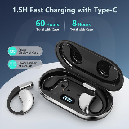 Ultra Ergonomic Open Ear Earbuds, Bone Conduction Over The Bluetooth Headphones Built-in Mic, Waterproof Design, LED Digital Display, Touch Control Operate, Fit Cycling Running Workout Sport, Black
