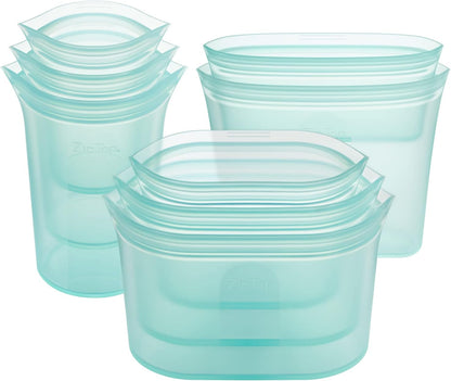 Zip Top Reusable Food Storage Bags | Full Set of 8 [Teal] | Silicone Meal Prep Container | Microwave, Dishwasher and Freezer Safe | Made in the USA