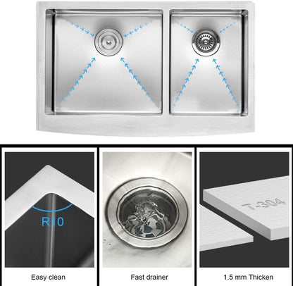 Lordear 36 Inch Double Bowl Farmhouse Kitchen Sink 36"x20-3/4"x10" Double Basin Undermount Farmhouse Kitchen Sinks 60/40 Apron Front 16 Gauge Farm Sinks