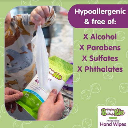 Antibacterial Hand Wipes by Boogie, Alcohol Free, Hypoallergenic and Moisturizing Aloe, Hand Wipes for Kids and Adults, 6 Packs of 20 (120 total wipes)