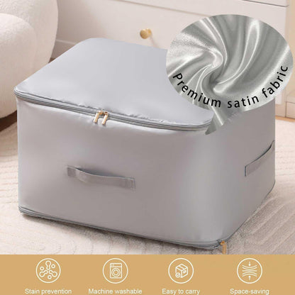 Ultra Space Saving Self Compression Organizer, 2025 New 3-Layer Zipper Large Capacity Storage Bag, Thick Satin Fabric Heavy Duty Bags for Comforters Blankets Bedding Duvet (Gray, X-Large, 2PC)