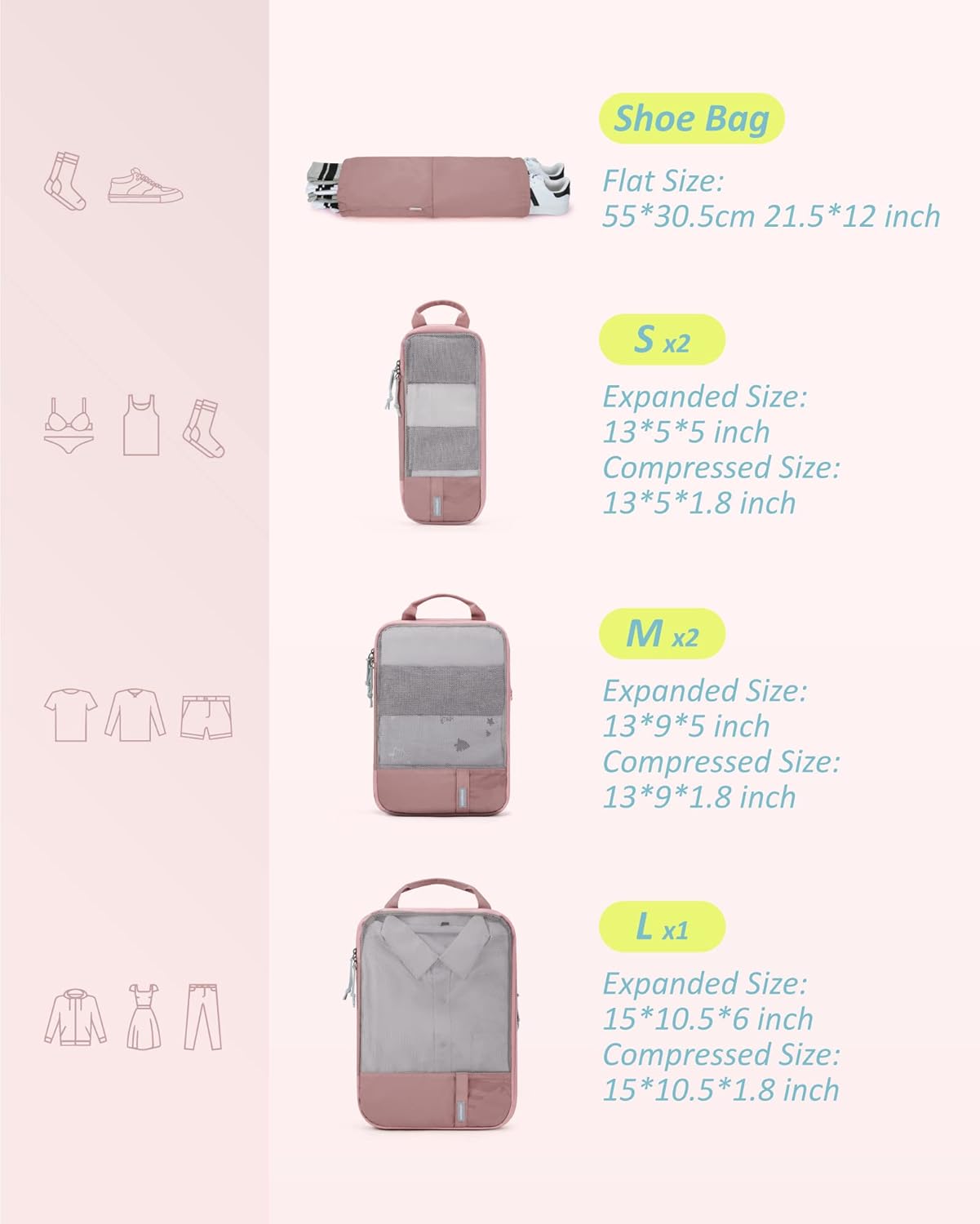 BAGSMART 6 Set Compression Packing Cubes - Lightweight Travel Essentials, Durable Luggage Organizer