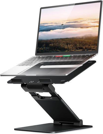 Nulaxy Height Adjustable Laptop Stand for Desk, Dual Foldable Aluminum Computer Riser, Pull Out Design Ergonomic Sit to Notebook Holder Convertor, Compatible with All 10-17" Laptops, Tablets, Black
