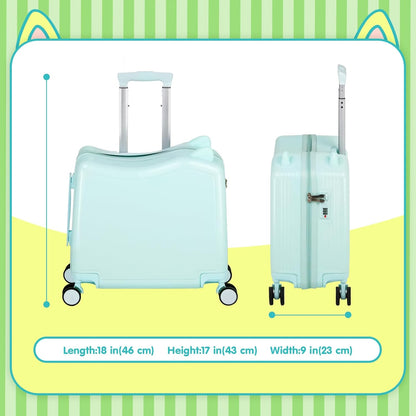 smilesun 20" Ride-On Travel Suitcase for Kids, Cute Ear Toddler Carry on Luggage with Spinner Wheels, Children Rolling Trolly Luggage with Combination Lock (Green NO Rope)