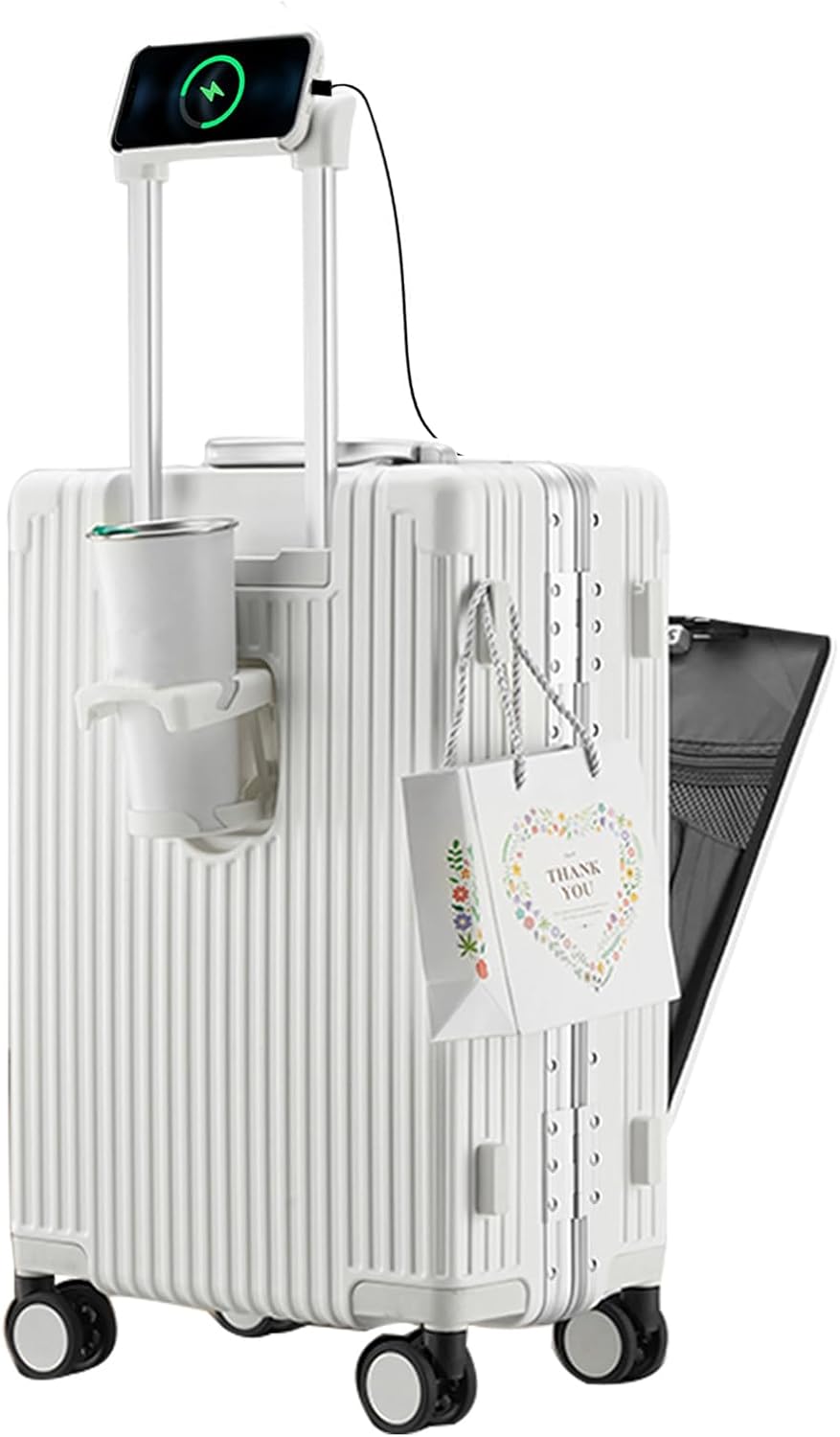 feilario 24in Aluminium Frame PC Hard Shell Spinner Wheels Luggage, Built-In TSA lock Carry on Suitcase, with Cup Holder, USB Port, Phone Holder