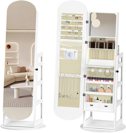 RQZ 8 LEDs Jewelry Cabinet Armoire Standing, 360° Swivel Jewelry Organizer, Lockable Jewelry Storage with Rounded Wide Full-Length Mirror, 4 Storage Shelves, Interior Mirror (61.4" H)