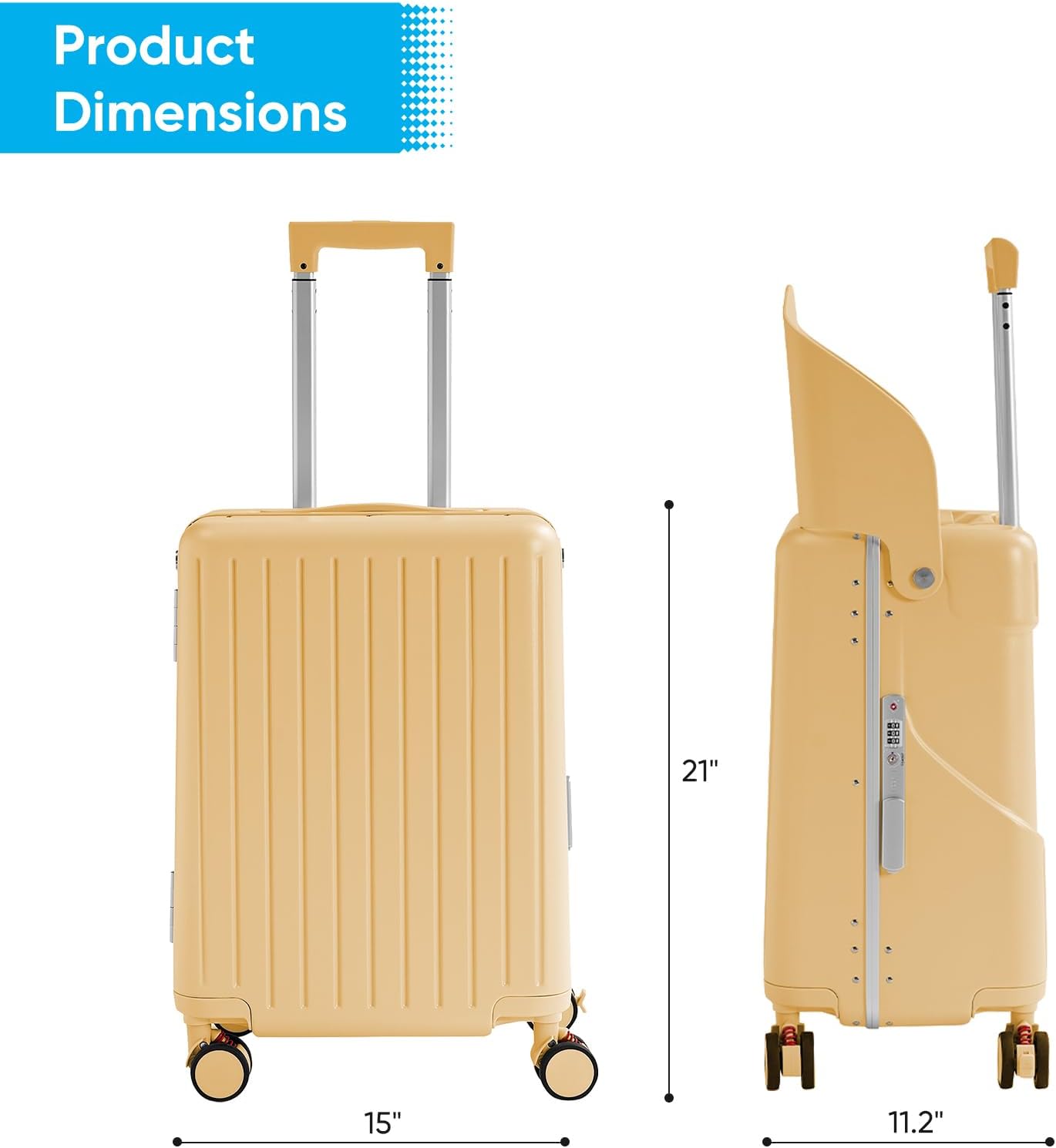 TABU 20" Ride-on Luggage with Seat For Kids & Adults，Carry On Hardshell Ride On Suitcase with 360° Lockable Spinner and TSA Lock, Yellow
