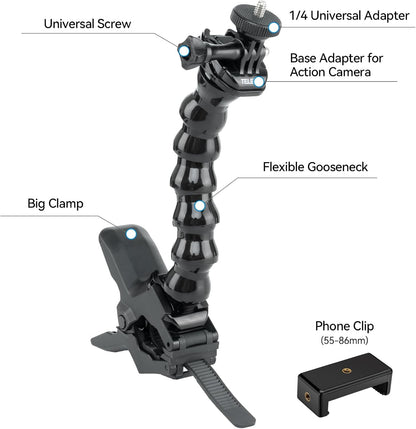 Jaws Flex Super Clamp Mount Gooseneck Tripod Desk Table Strolle Vlog Video Light Extension Holder Attach for GoPro Max 13 12 11 10 9 8 7 6 5 Insta360 X3 Go3 Ace Pro DJI Action 4 Pocket 3 Accessories