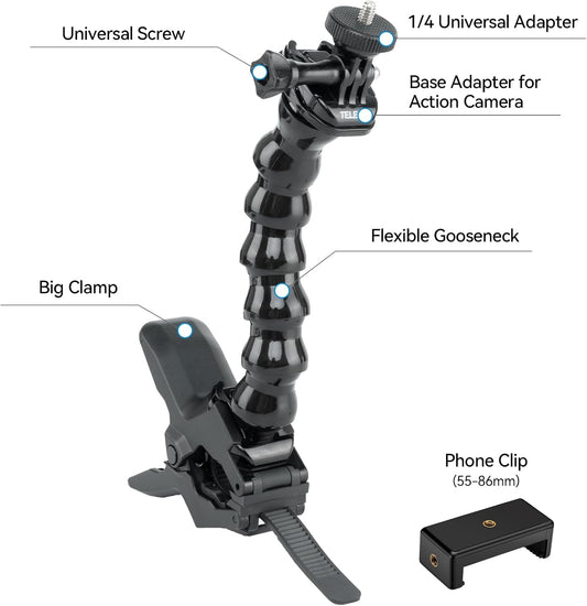 Jaws Flex Super Clamp Mount Gooseneck Tripod Desk Table Strolle Vlog Video Light Extension Holder Attach for GoPro Max 13 12 11 10 9 8 7 6 5 Insta360 X3 Go3 Ace Pro DJI Action 4 Pocket 3 Accessories