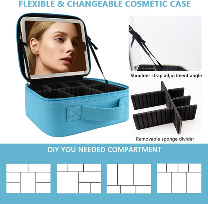 Travel Makeup Bag for Women and Makeup Artists Cosmetic Organizer Large Makeup Case,Travel Makeup Bag with Mirror 3 Color Setting,Portable Storage and Adjustable Dividers(blue)