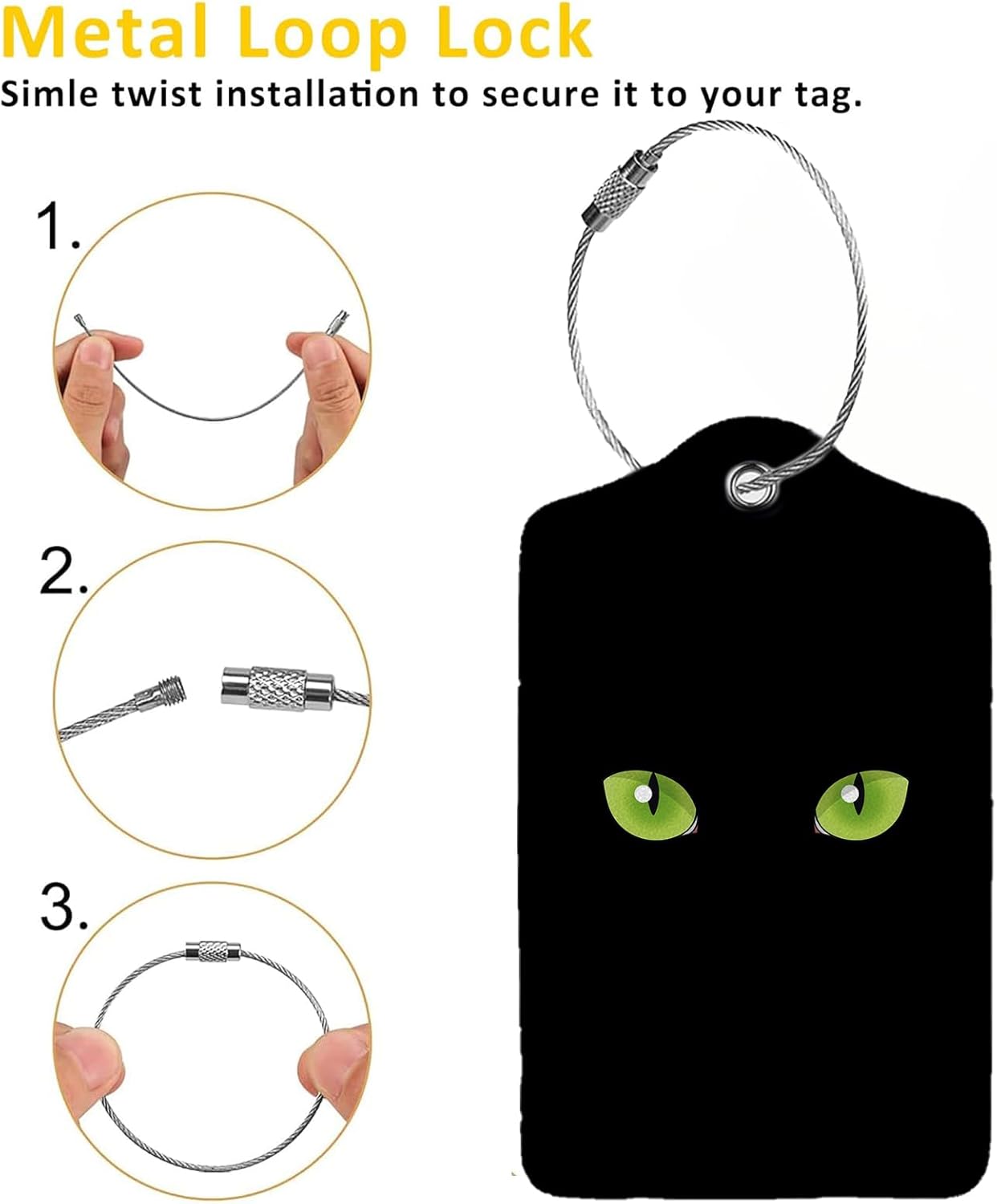 Black Cat Eyes 2 Pack Luggage Tag for Suitcase, Cute Unique Leather Bag Tags Identifiers Privacy Cover ID Label with Steel Loop for Women Men Kids Girls Travel