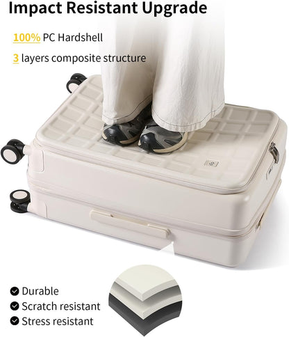 aji Expandable Top Opening 26 Inch Checked Luggage with Spinner Wheels, Large Suitcase with TSA Lock, Hard Shell Travel luggage Suitcases for Men Women, for 20+Days Travel, Coconut White