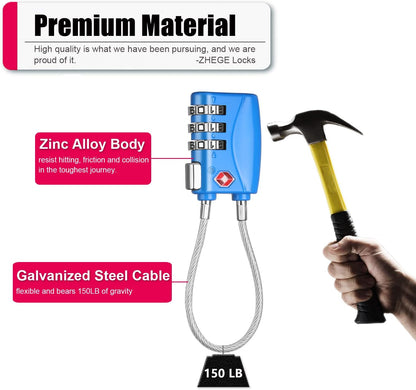 ZHEGE TSA Cable Luggage Lock 3 Digit Combination Padlock with Alloy Body for Suitcase, Baggage, Backpack, Pistol Case (2 Pack, Blue)
