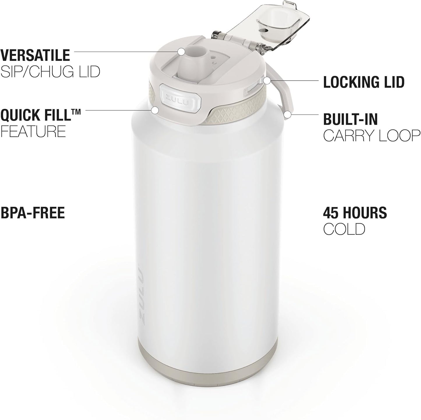 ZULU Powerfill Pro 64oz Half Gallon Stainless Steel Water Bottle with Quick Fill Lid, Triple Walled Vacuum Insulated Metal, Leak Proof Locking Lid, Sip and Chug, Reusable BPA Free, White Monochrome