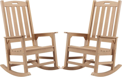 Psilvam Oversized Outdoor Rocking Chair Set of 2, Porch Rocker with 21" Wide Seat and 32" Tall Backrest, Pre-Assembled with Most Components for Effortless Installation (Teak Color)