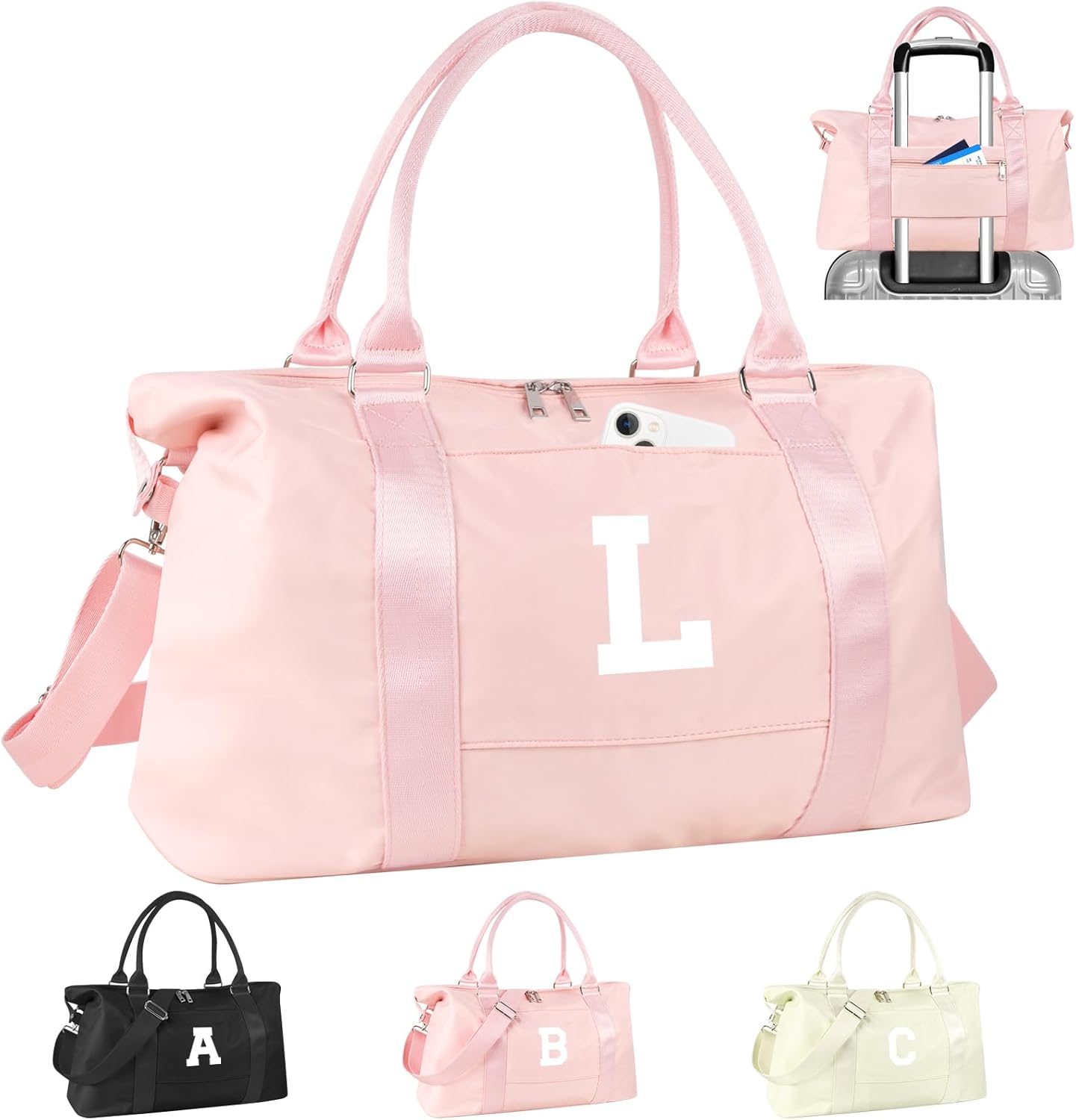 Initial Travel Duffel Bag Sports Gym Bag for Girls Teen Birthday Gifts,Pink Personalized Weekender Bag Carry On Tote Bags for Women Men,Waterproof Overnight Luggage Bag with Trolley Sleeve(Letter L)