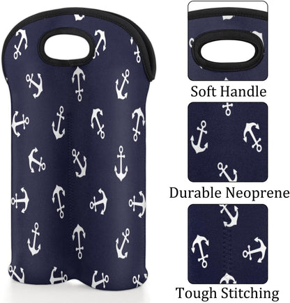 Nautical Anchors 2 Bottle Wine Carrier Tote Bag Insulated Wine Bottles Neoprene Bag with Secure Carry Handle Portable Wine Cooler Bag for Travel Picnic Beach